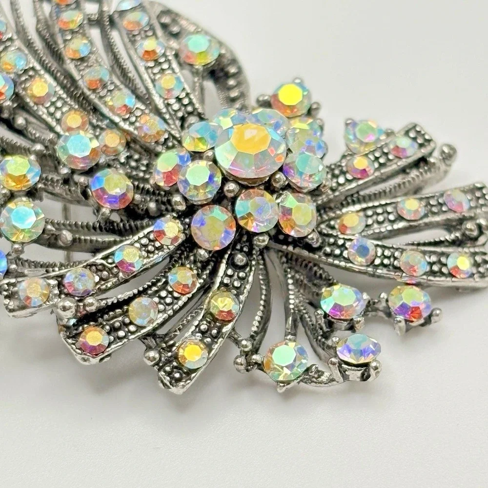 Vintage AB Brooch Silver Tone Oxidized Bow Ribbon Large Retro Pin Pendant
